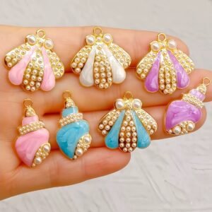 Enamel Shell & Conch Charms for Jewelry Making, Gold Plated with Imitation Pearls, Ocean Themed DIY Beads Pendants for Bracelets Necklaces