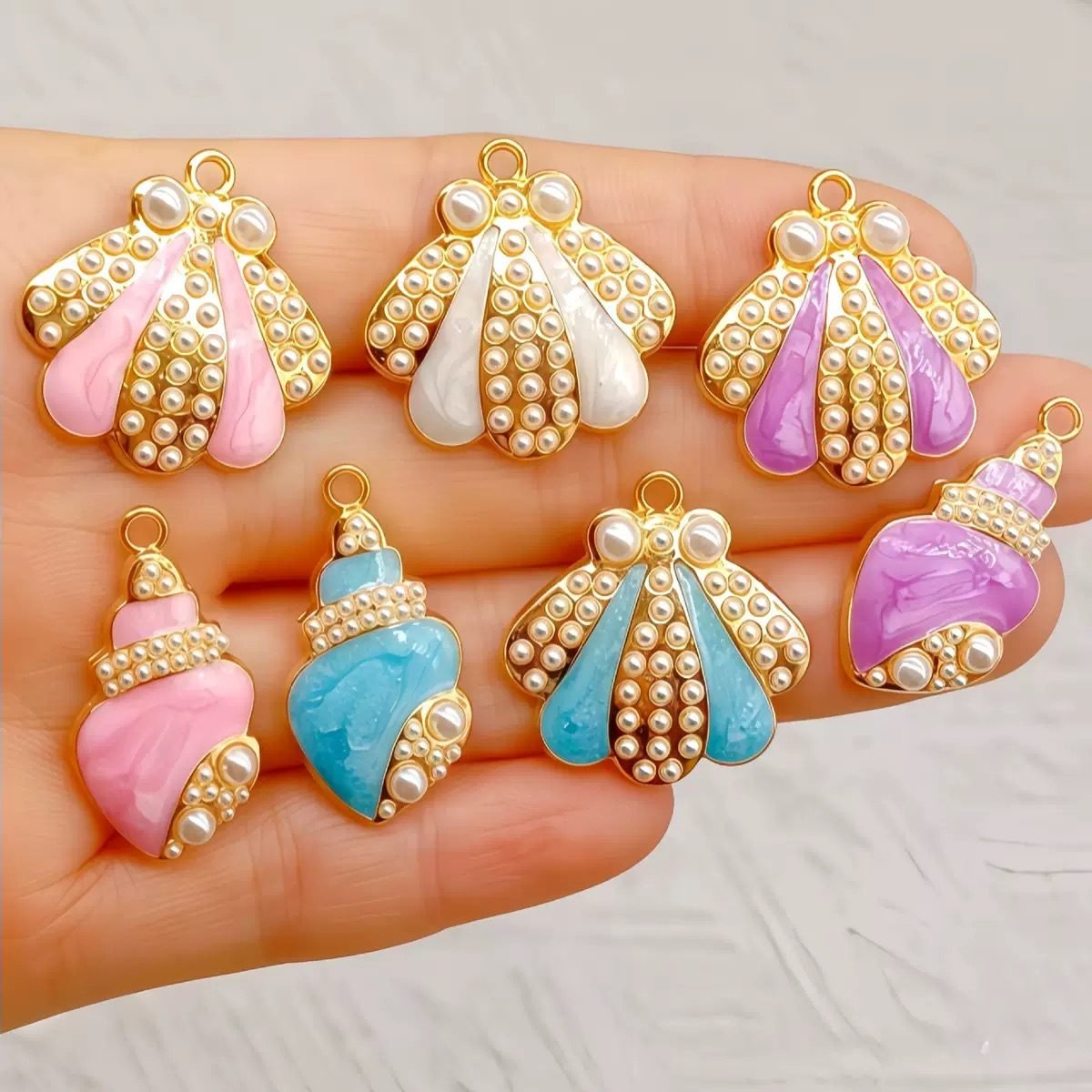 Enamel Shell & Conch Charms for Jewelry Making, Gold Plated with Imitation Pearls, Ocean Themed DIY Beads Pendants for Bracelets Necklaces