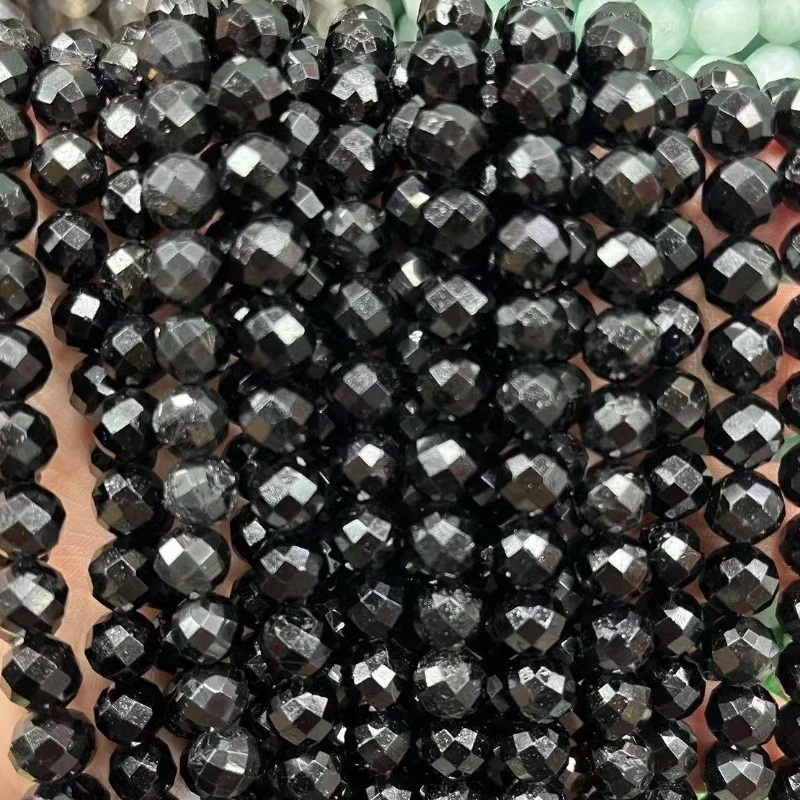 Natural 6mm/8mm/10mm Black Tourmaline Quartz Faceted Round Beads